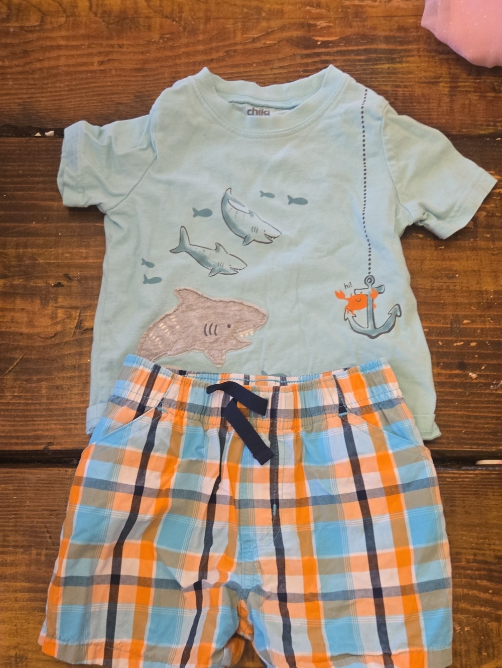 Light Blue Shark Tee & Plaid Shorts Kids Set